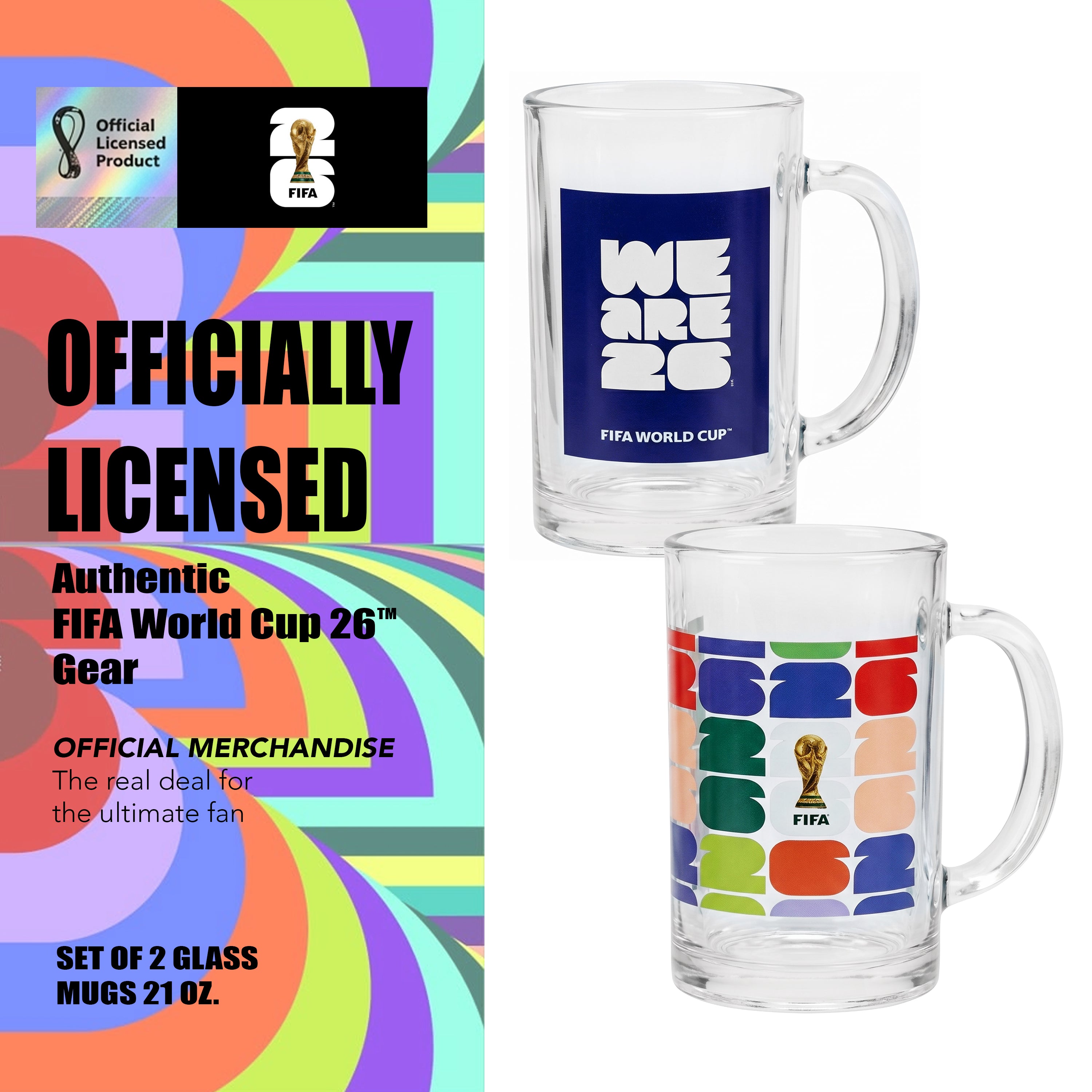 Two glass mugs with FIFA World Cup branding and a colorful promotional graphic.