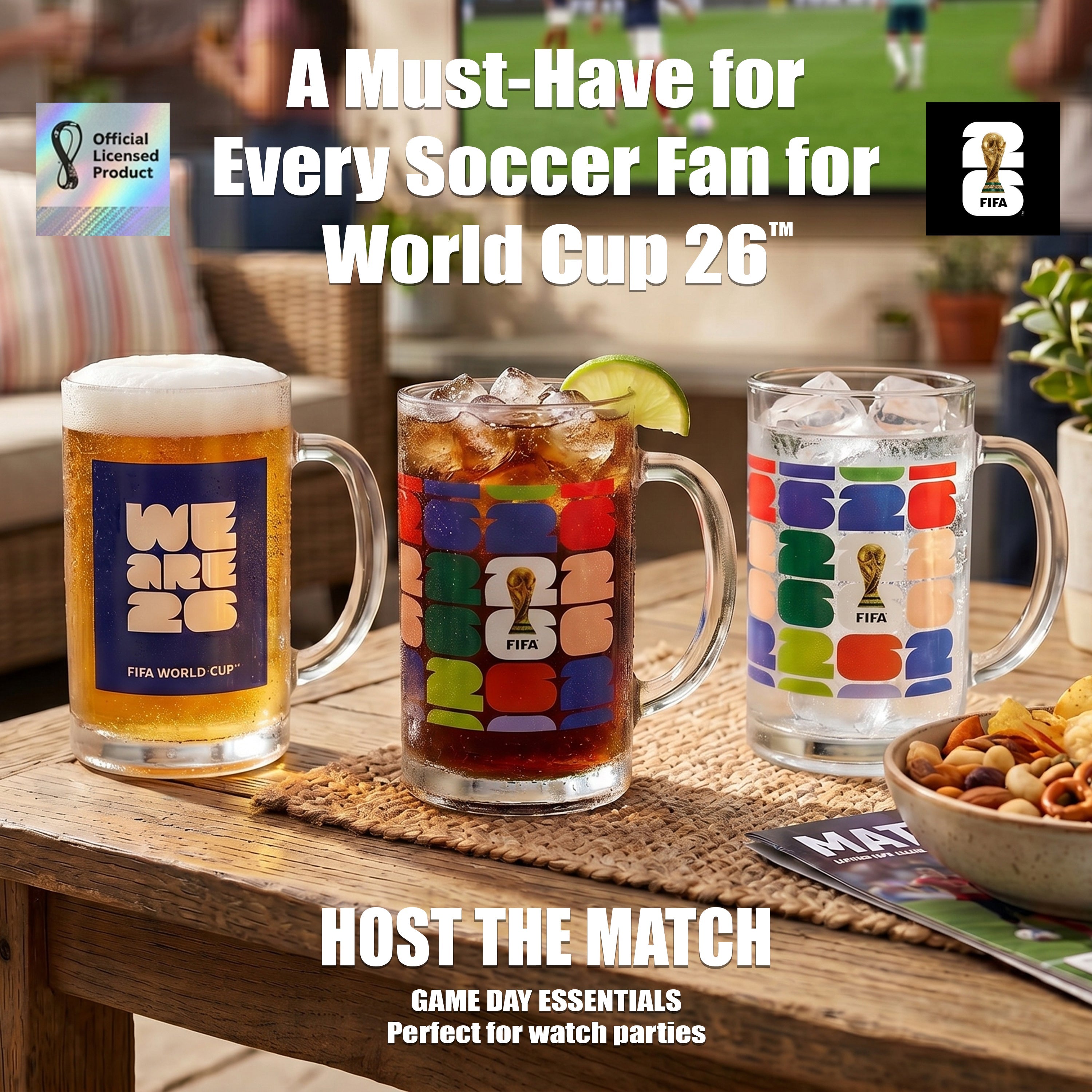 Three FIFA World Cup-themed glasses with drinks on a table, surrounded by snacks and a magazine.