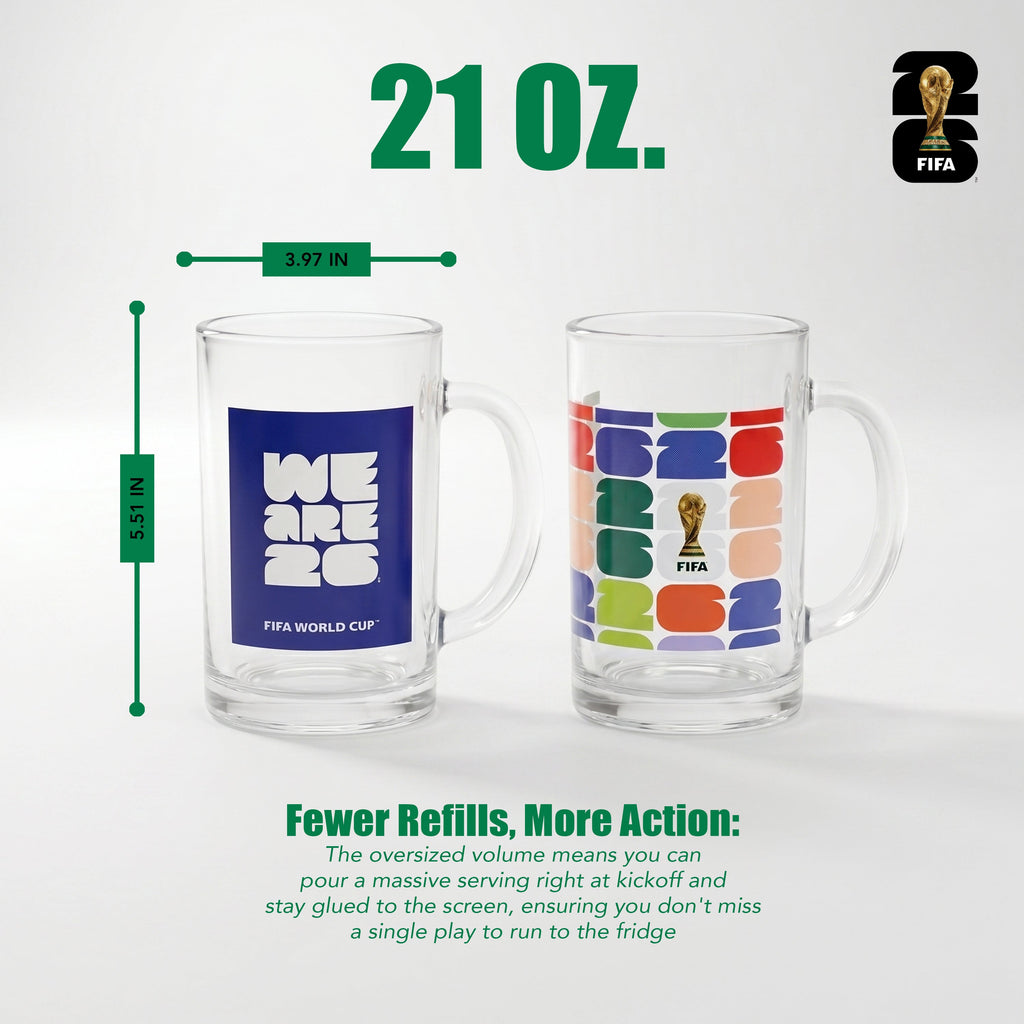Two glass mugs with FIFA branding, one labeled 'WE ARE 20' and the other colorful design, on a white background.