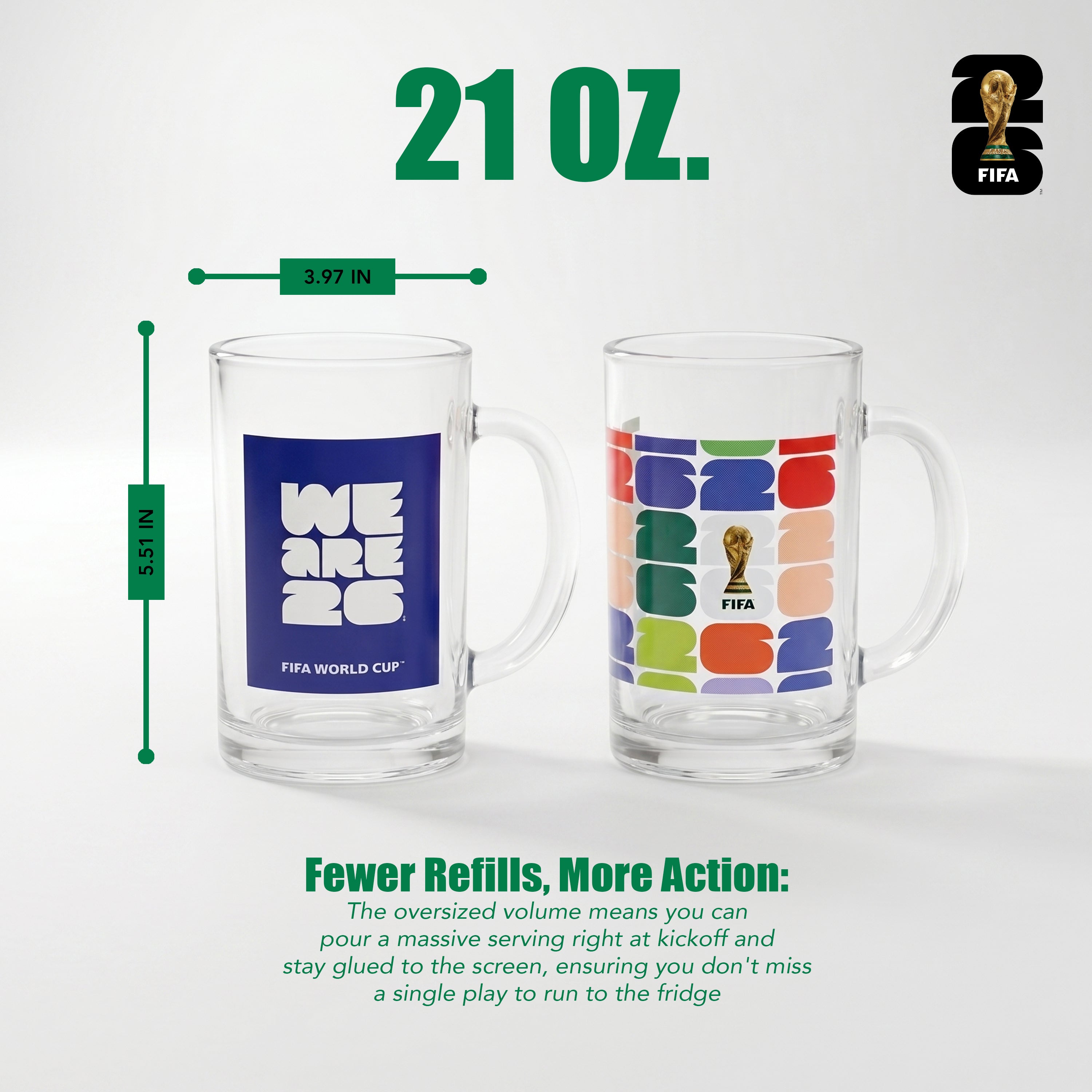 Two glass mugs with FIFA branding, one labeled 'WE ARE 20' and the other colorful design, on a white background.