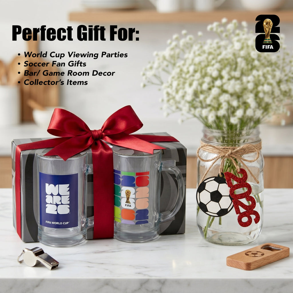 Gift set with World Cup-themed mugs and decorative jar on a marble surface.