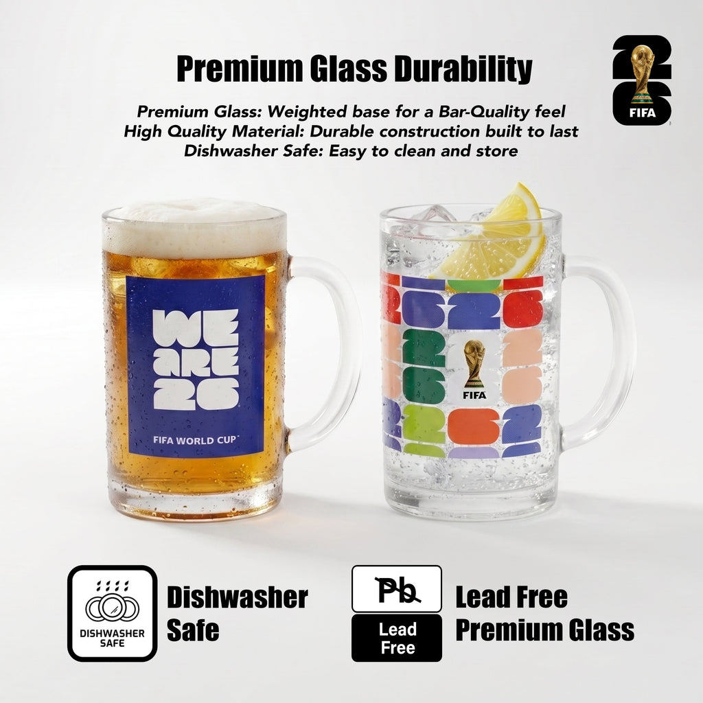 Two glass mugs with FIFA World Cup 2022 branding on a white background, featuring text about premium glass durability.