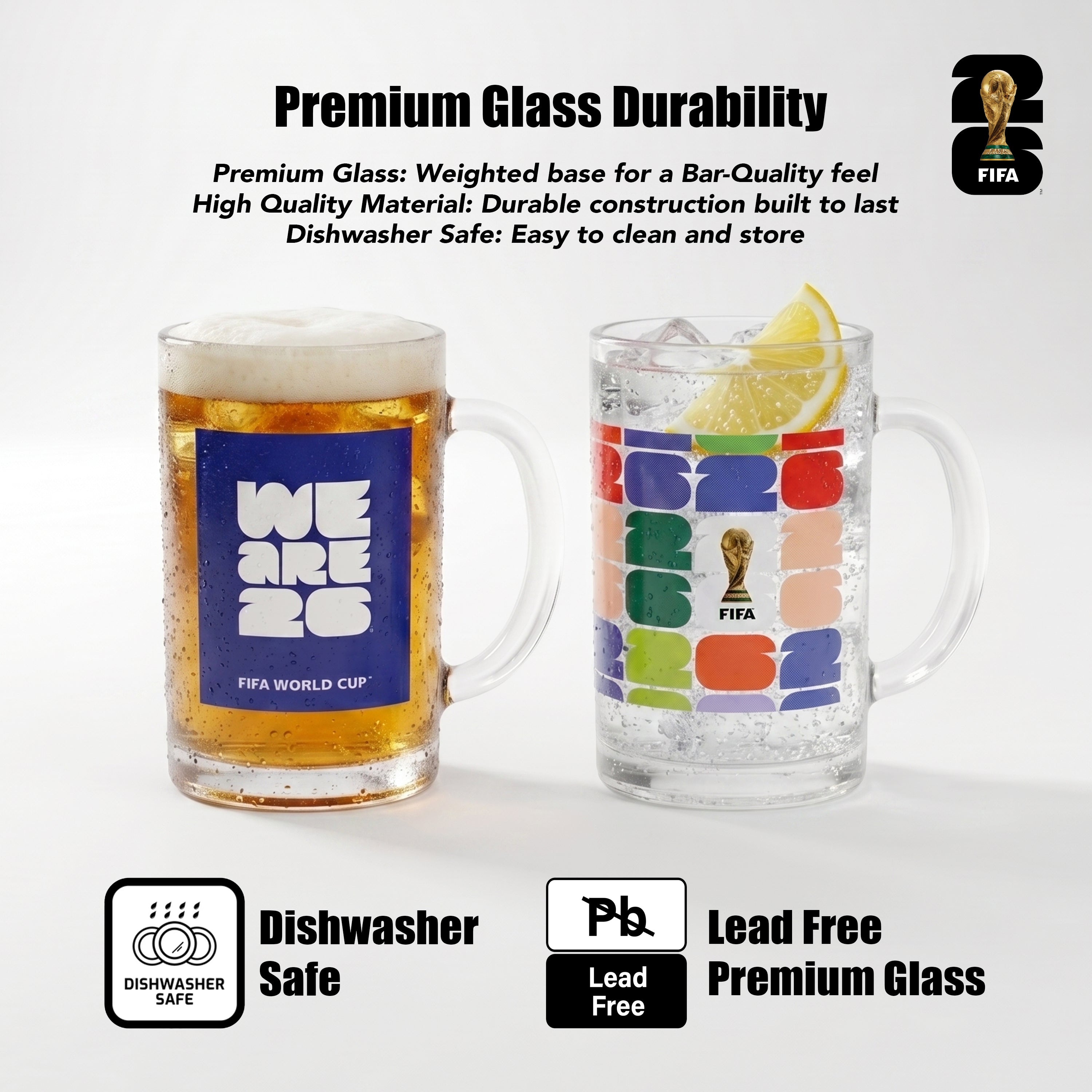 Two glass mugs with FIFA World Cup 2022 branding on a white background, featuring text about premium glass durability.
