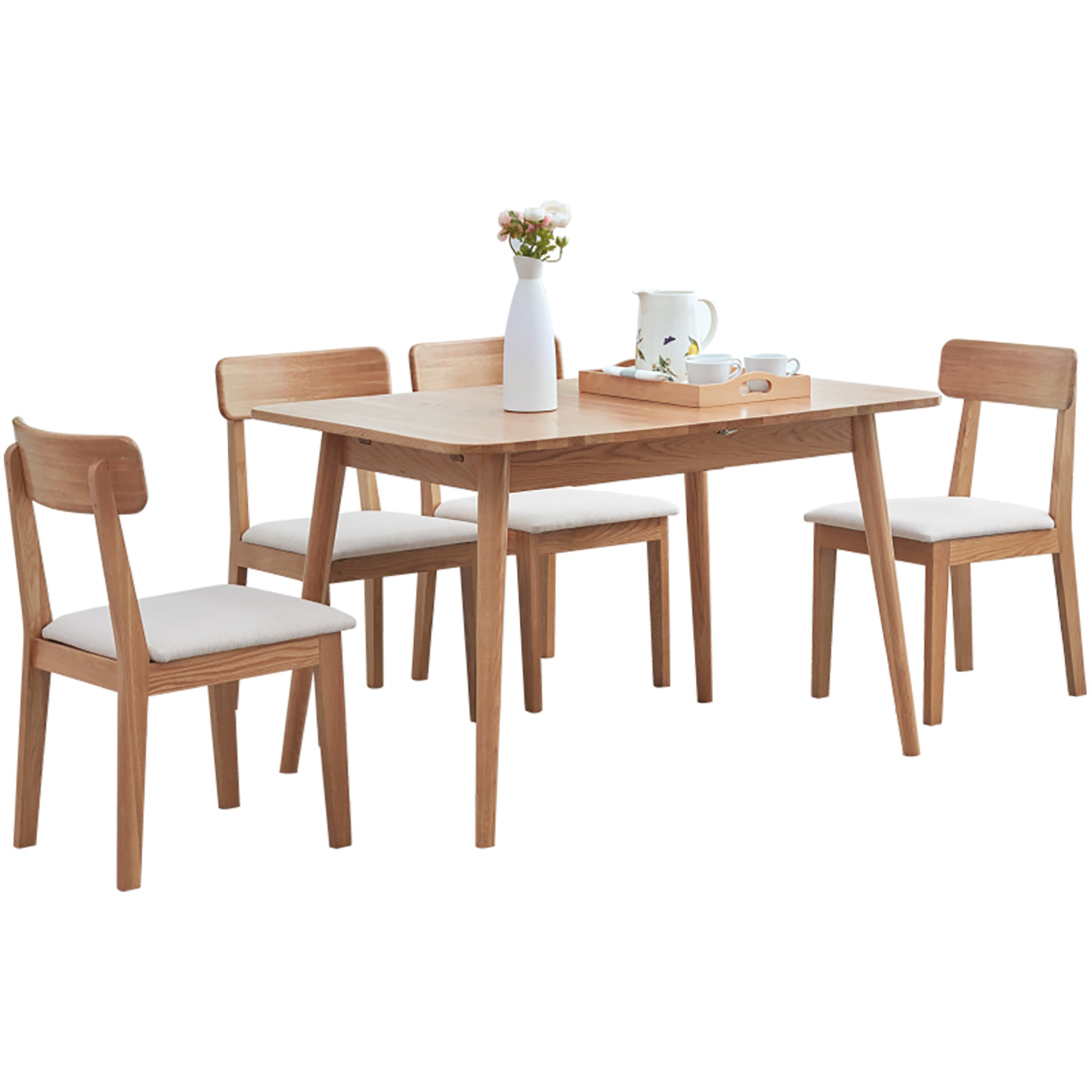 Wooden dining table with four chairs on a white background