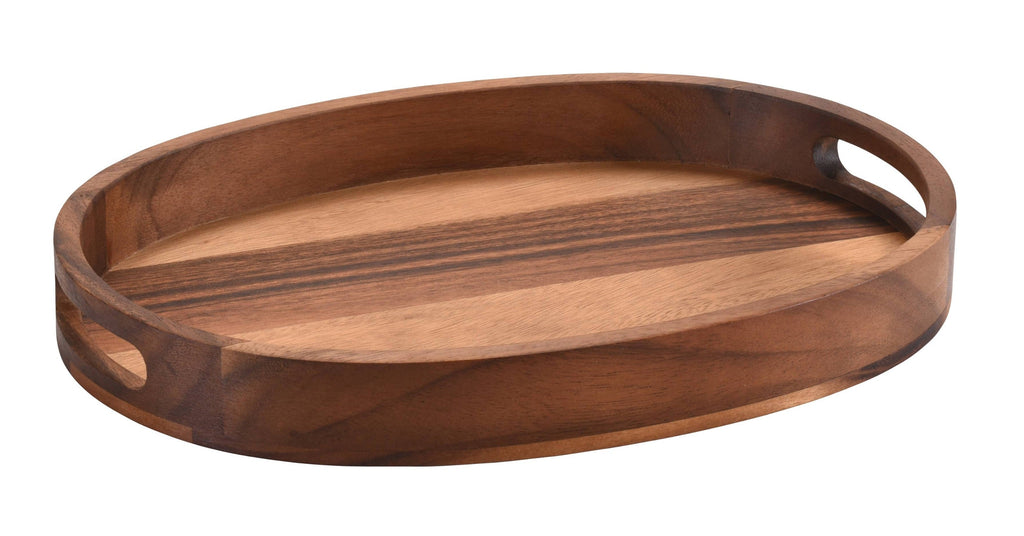 Wooden tray with handles on a white background