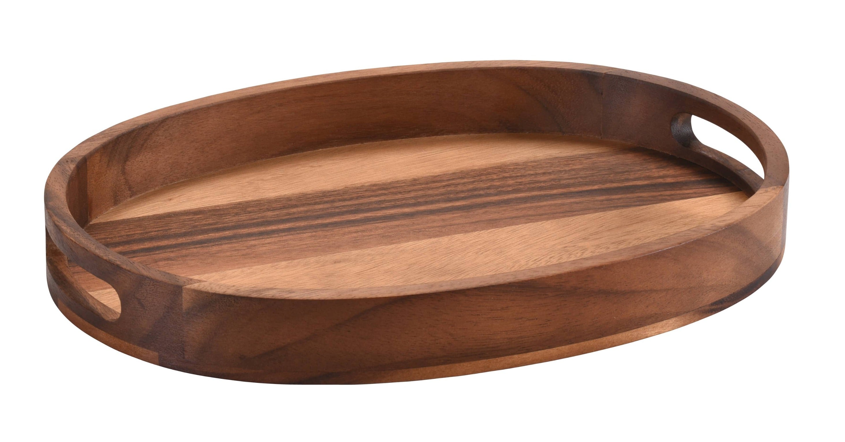 Wooden tray with handles on a white background