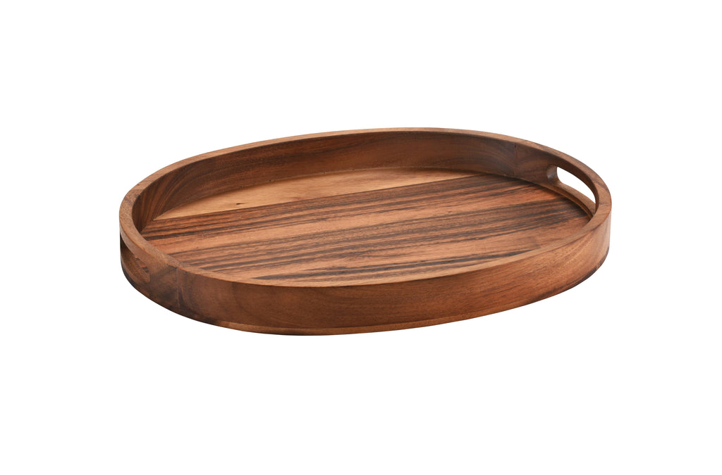 Wooden tray with handles on a white background