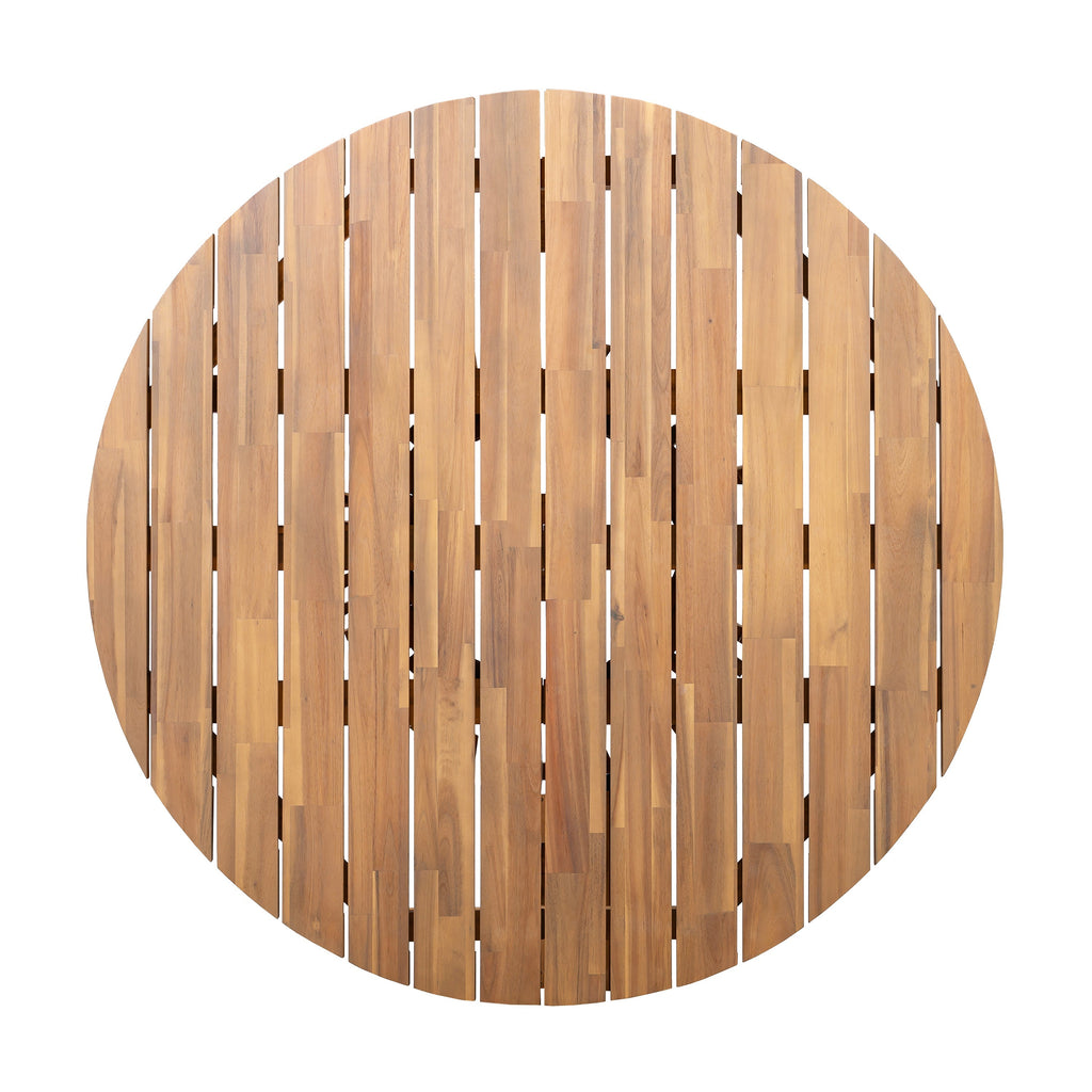 Round wooden mat with slatted design on a white background