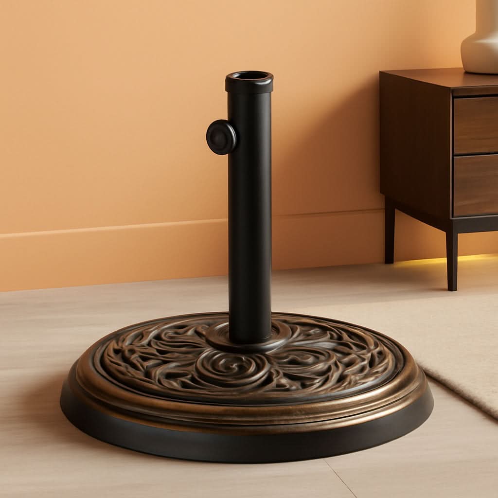 Decorative metal umbrella stand on a wooden floor with a warm-colored wall in the background.