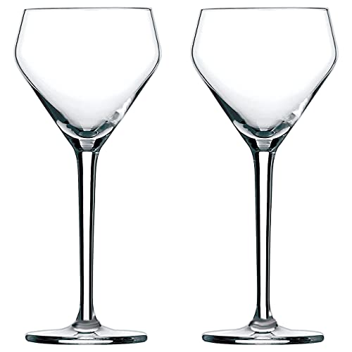 Two clear wine glasses on a white background
