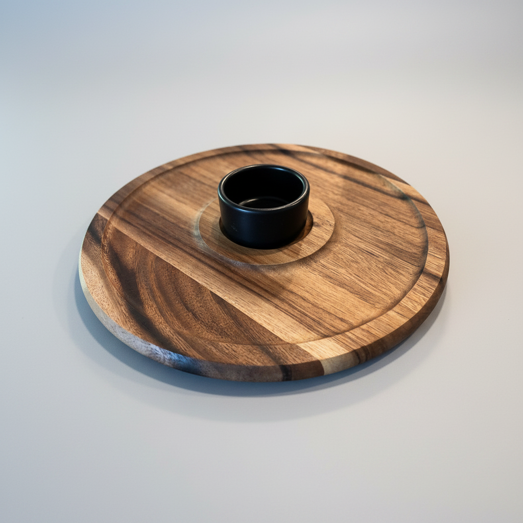 Wooden round cutting board with a black central cup on a light gray background