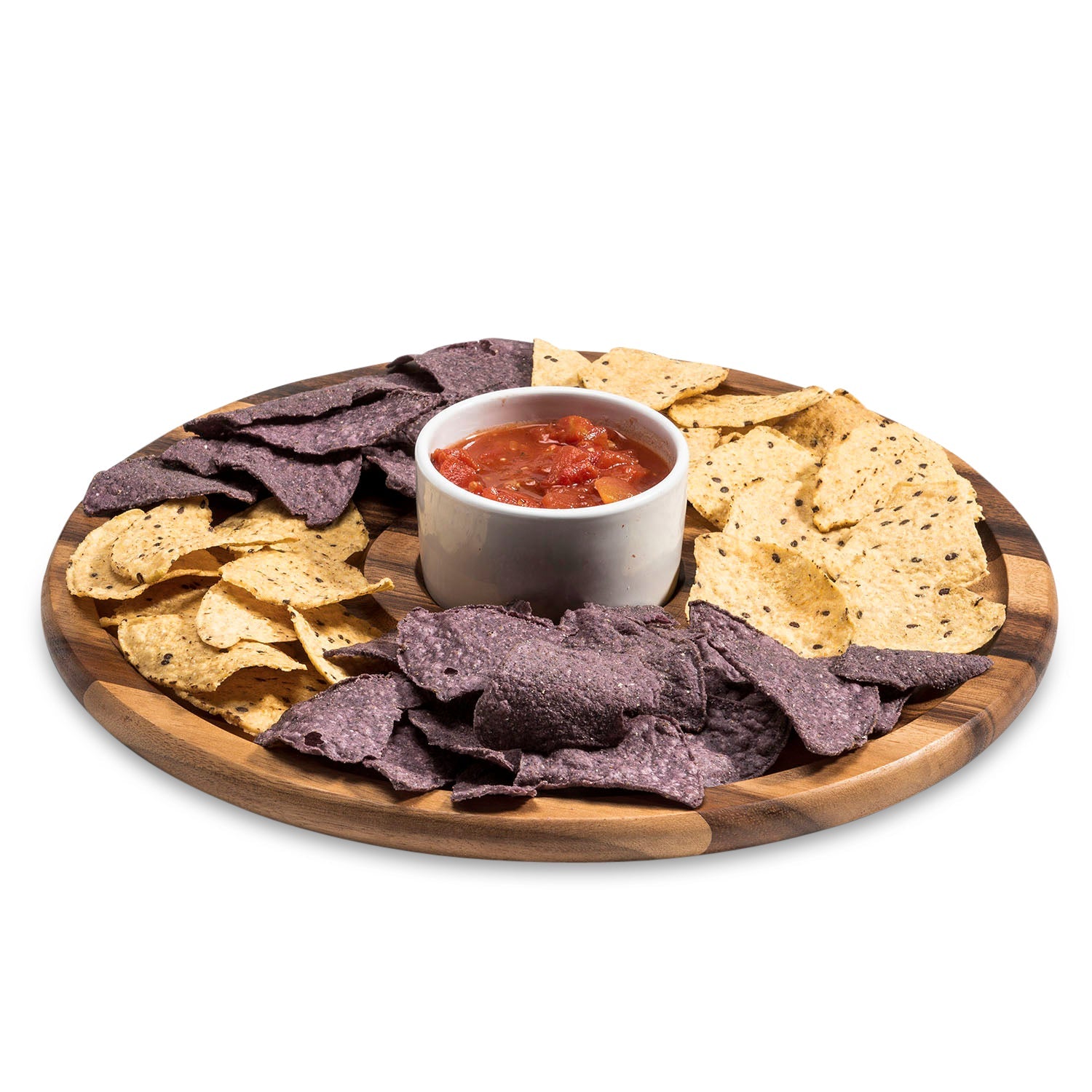 Wooden platter with tortilla chips and a bowl of salsa on a white background