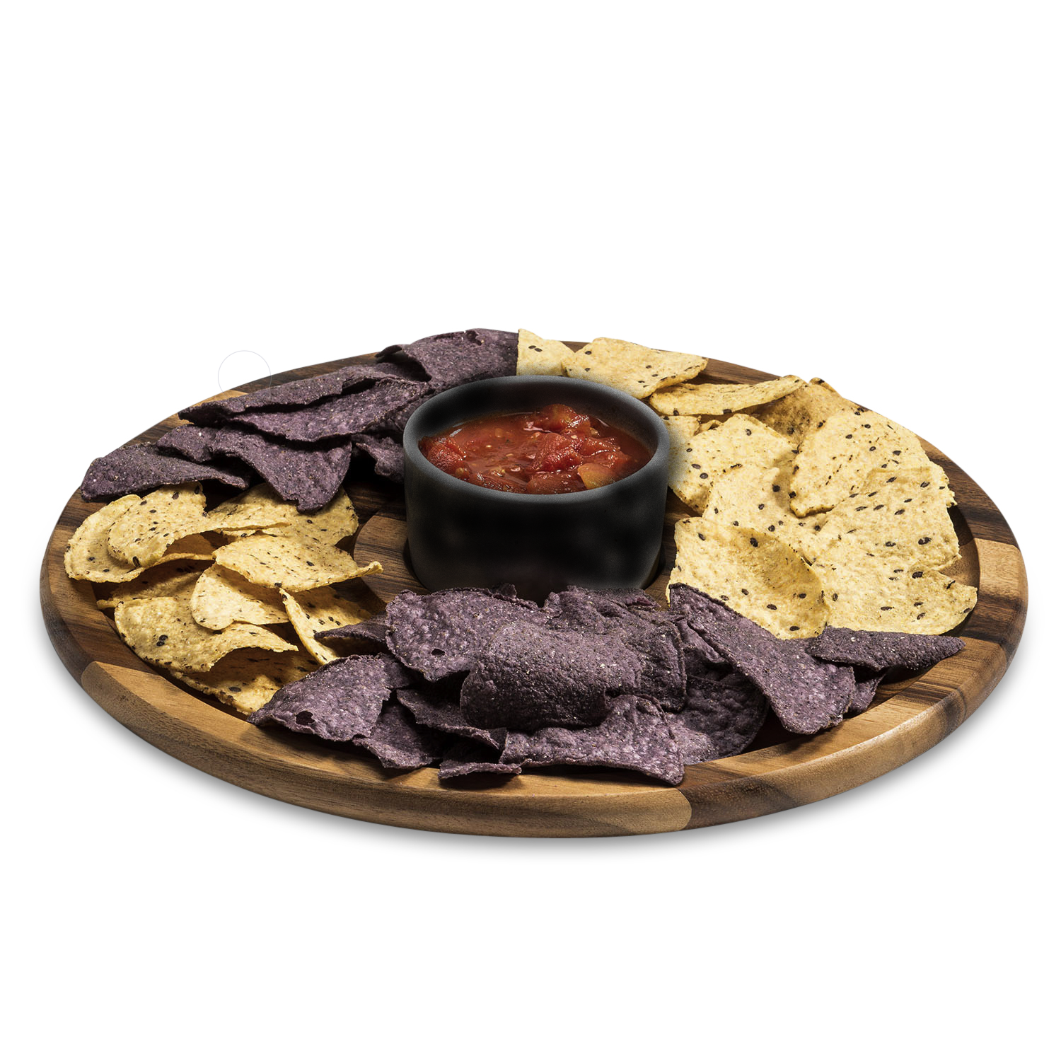 Wooden platter with tortilla chips and a bowl of salsa on a white background