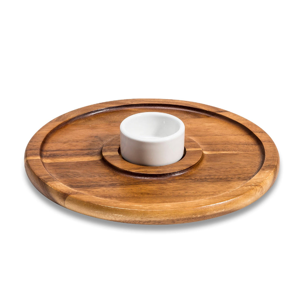 Wooden tray with a white bowl on a white background