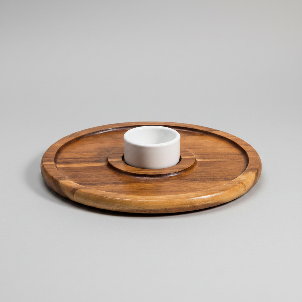 Wooden tray with a white bowl on a gray background