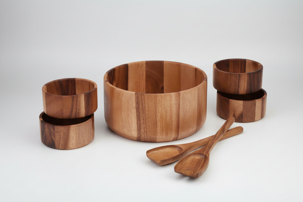 Set of wooden bowls and spoons on a white background