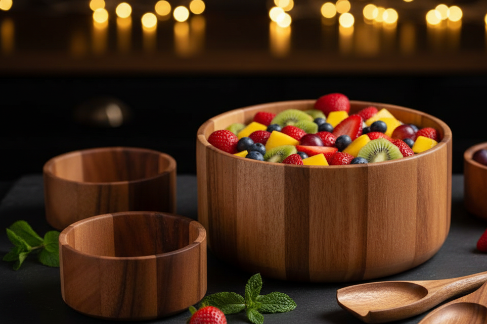 Wooden bowl filled with colorful fruit on a dark surface with blurred lights in the background