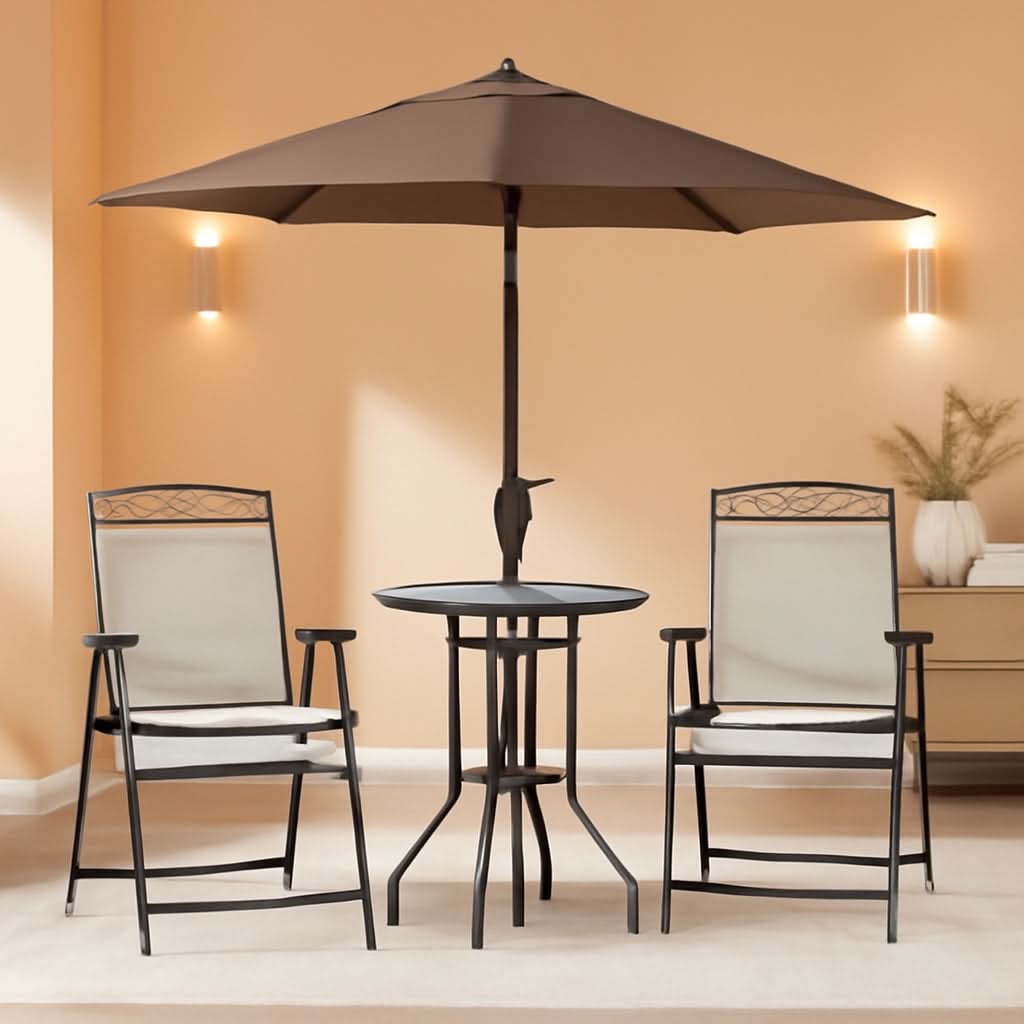 Outdoor furniture set with two chairs and a table under an umbrella on a beige floor.