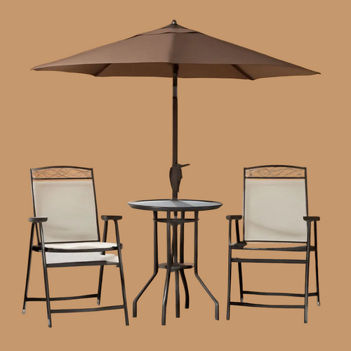 Patio set with two chairs and a table under an umbrella on a brown background