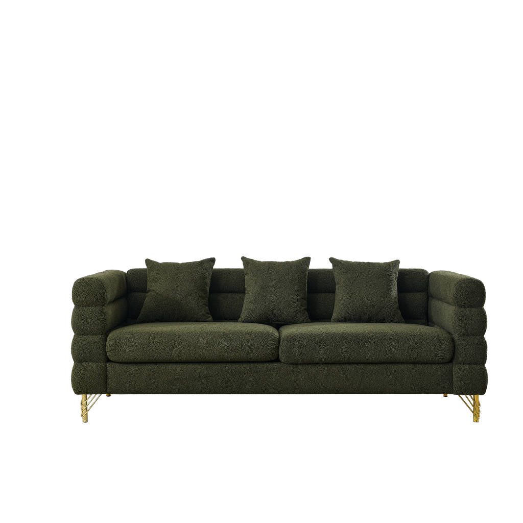 Dark green sofa with three cushions on a white background
