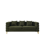 Dark green sofa with three cushions on a white background