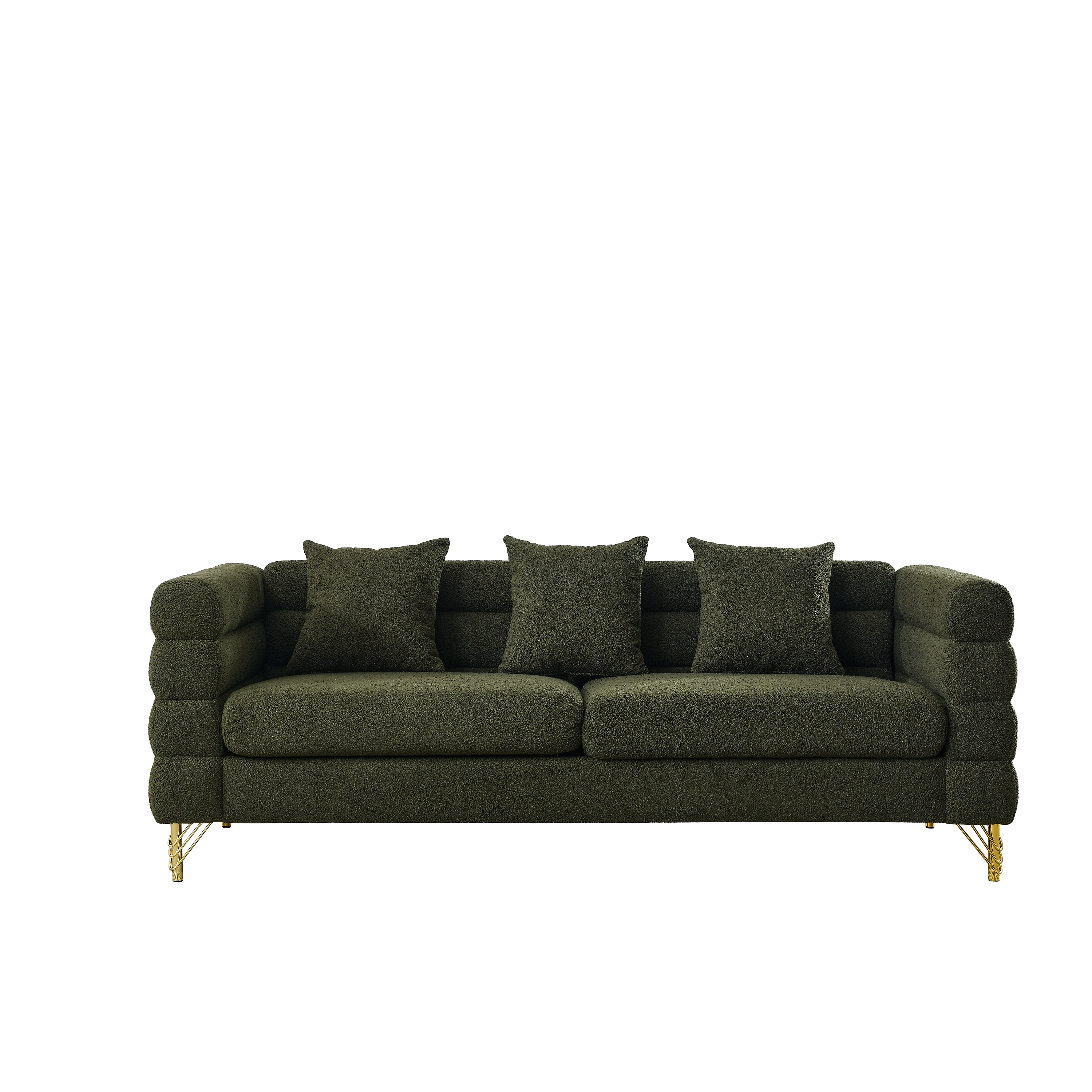 Dark green sofa with three cushions on a white background