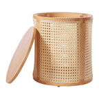 Wicker side table with a wooden lid on a white background