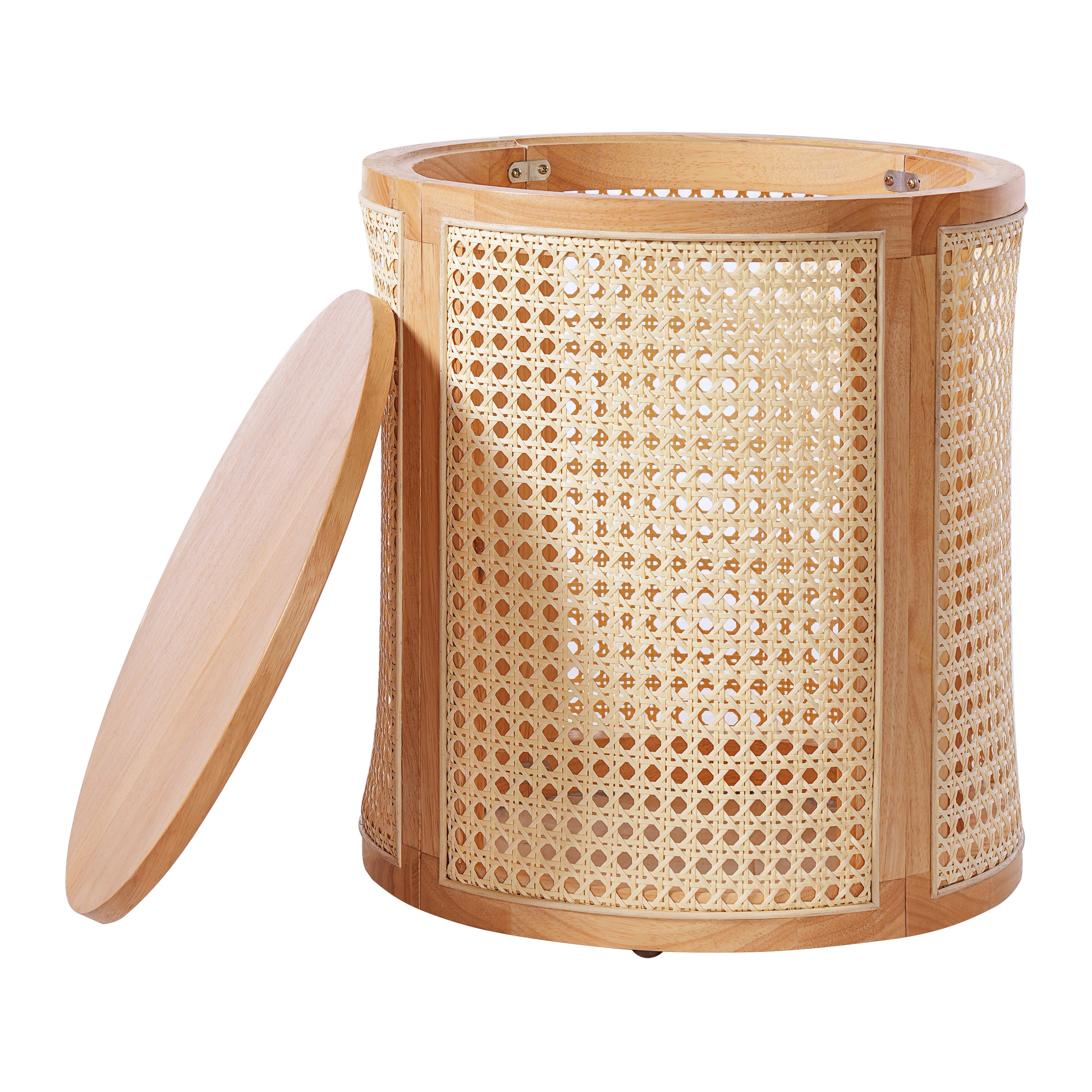 Wicker side table with a wooden lid on a white background