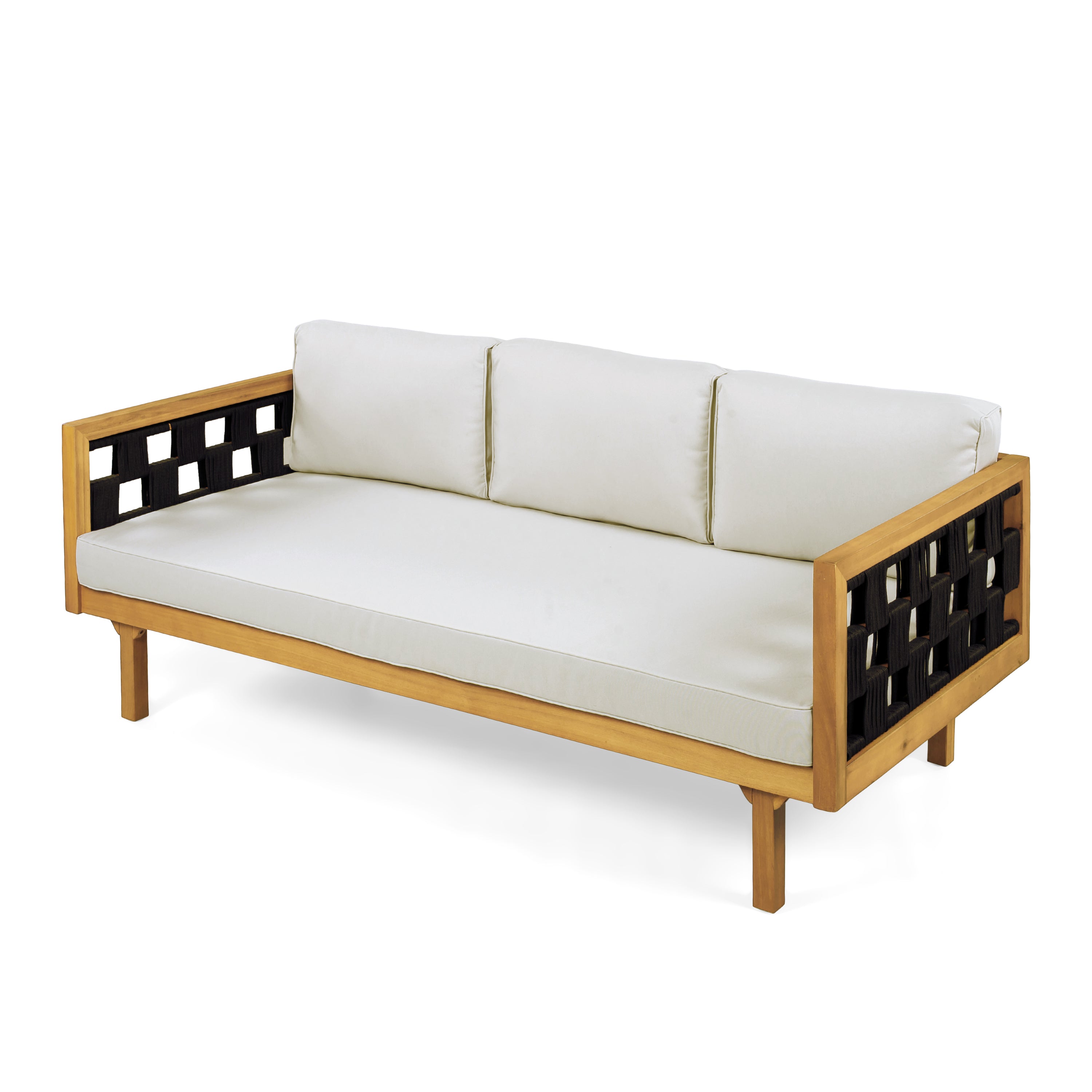 Wooden sofa with white cushions on a white background