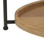 Wooden tray coffee table section with black metal stand on a white background