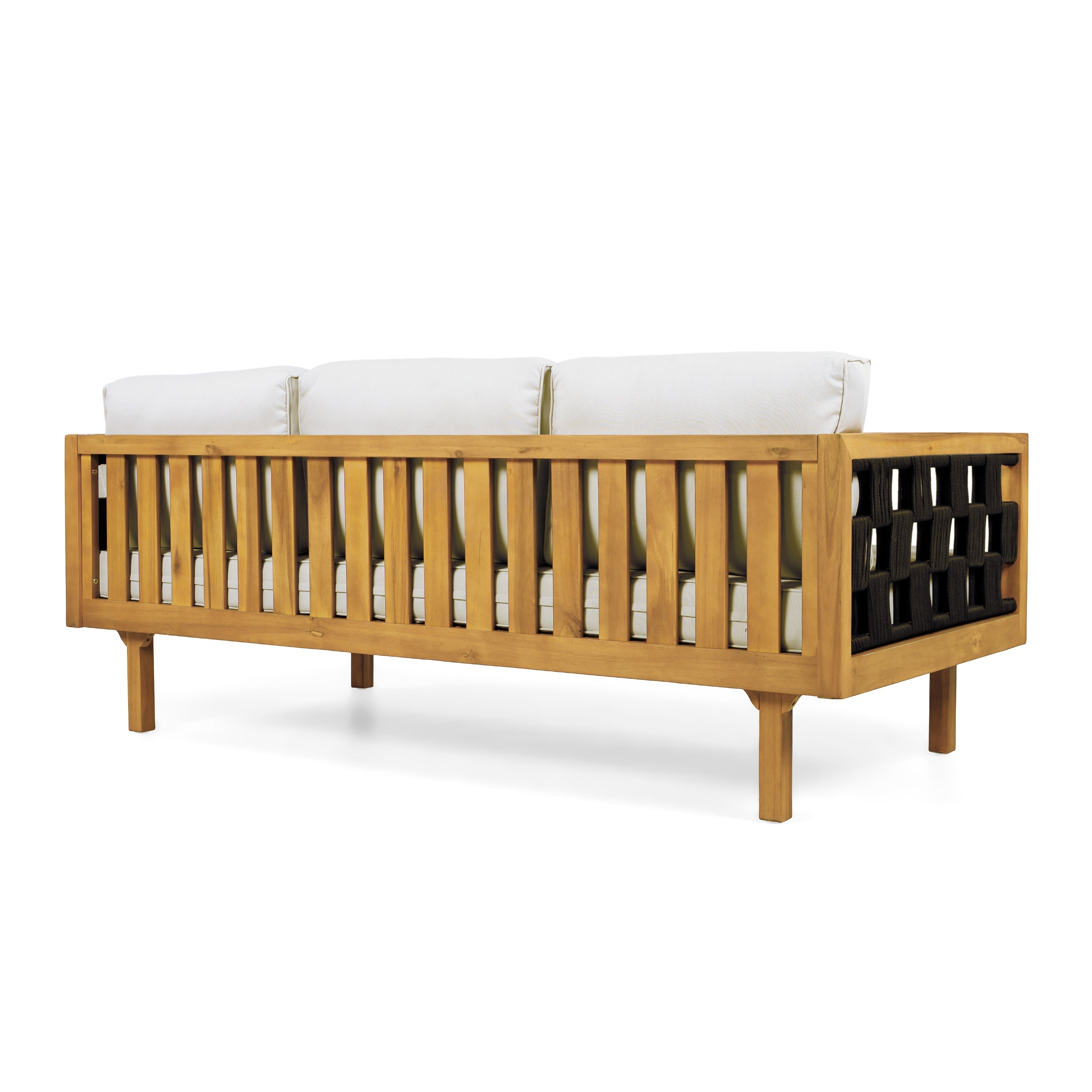Wooden crib with white mattress and black side panels on a white background