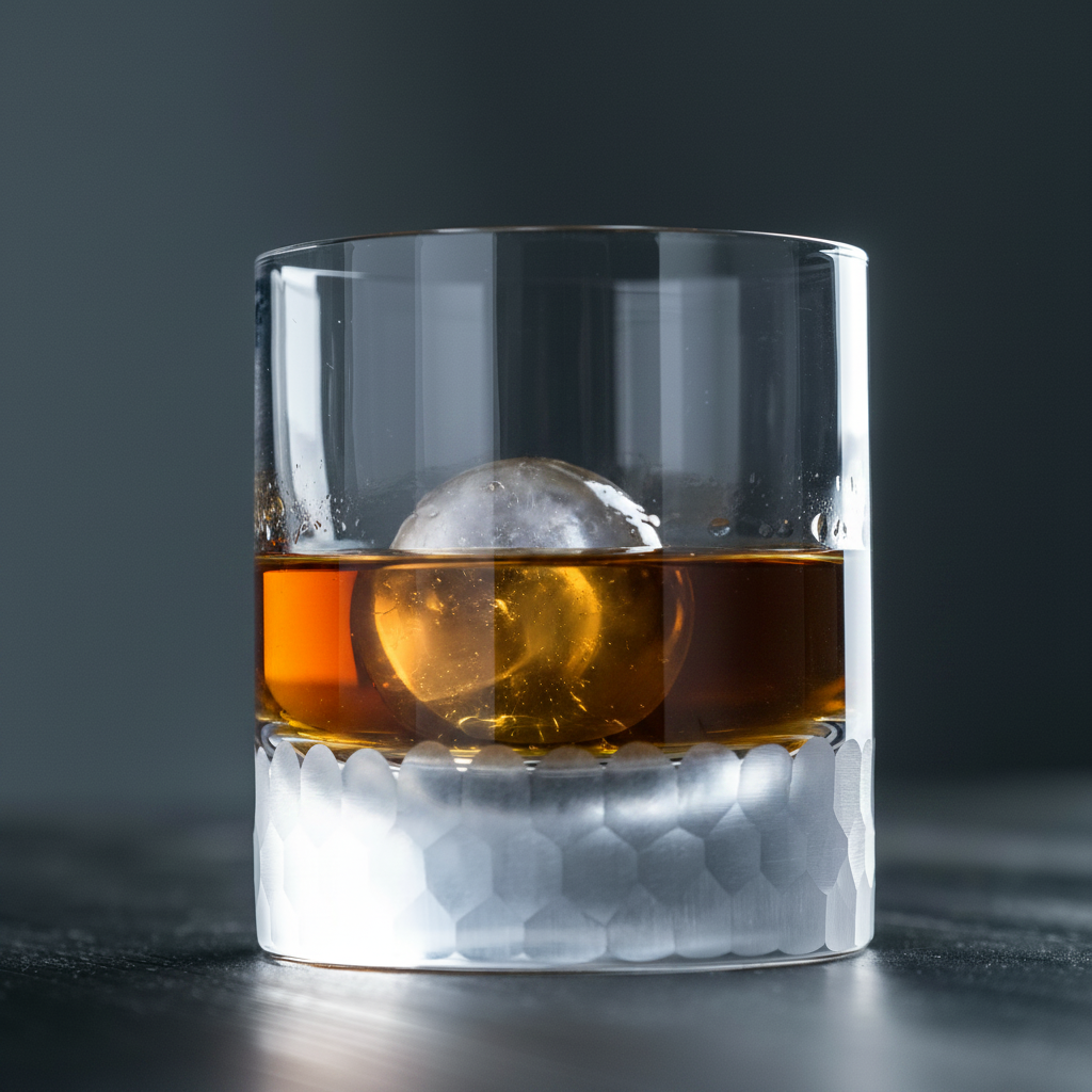 Glass of whiskey with ice ball on a dark background