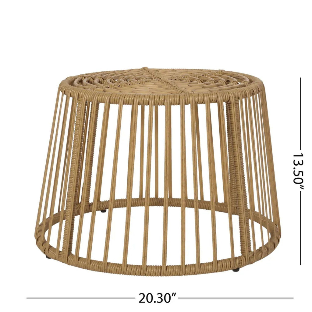 Wicker side table with dimensions on a white background