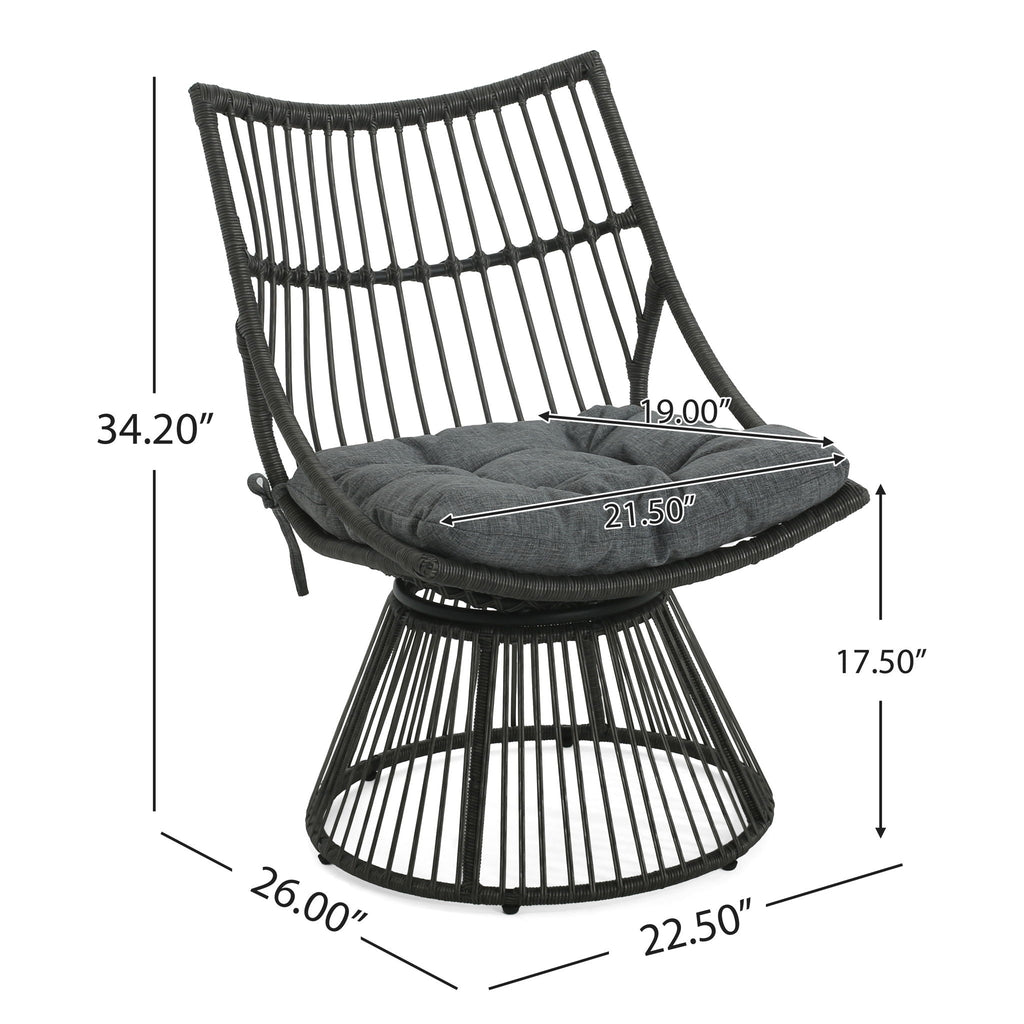 Black woven chair with gray cushion and dimensions labeled on a white background