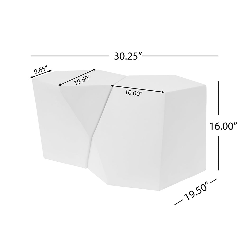 White wedge-shaped coffee table with dimensions labeled on a white background