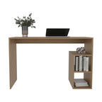 Wooden desk with a laptop, plant, and books on a white background