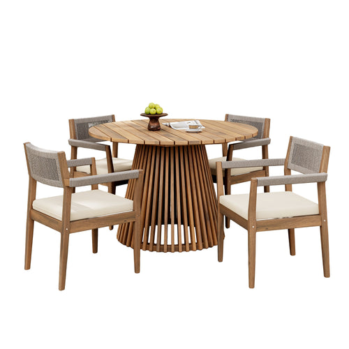 Wooden dining table with four matching chairs on a white background