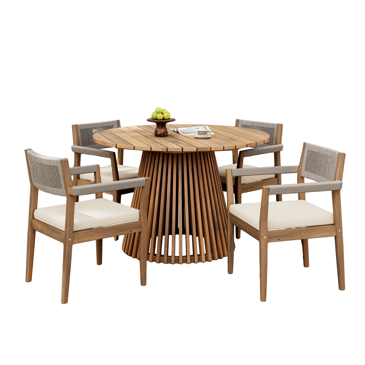 Round wooden dining table with six matching chairs on a white background