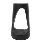 Black cylindrical table with a unique cutout design on a white background