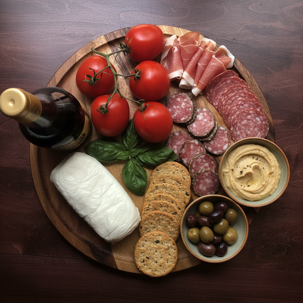 Wooden platter with assorted meats, cheeses, and vegetables on a wooden surface