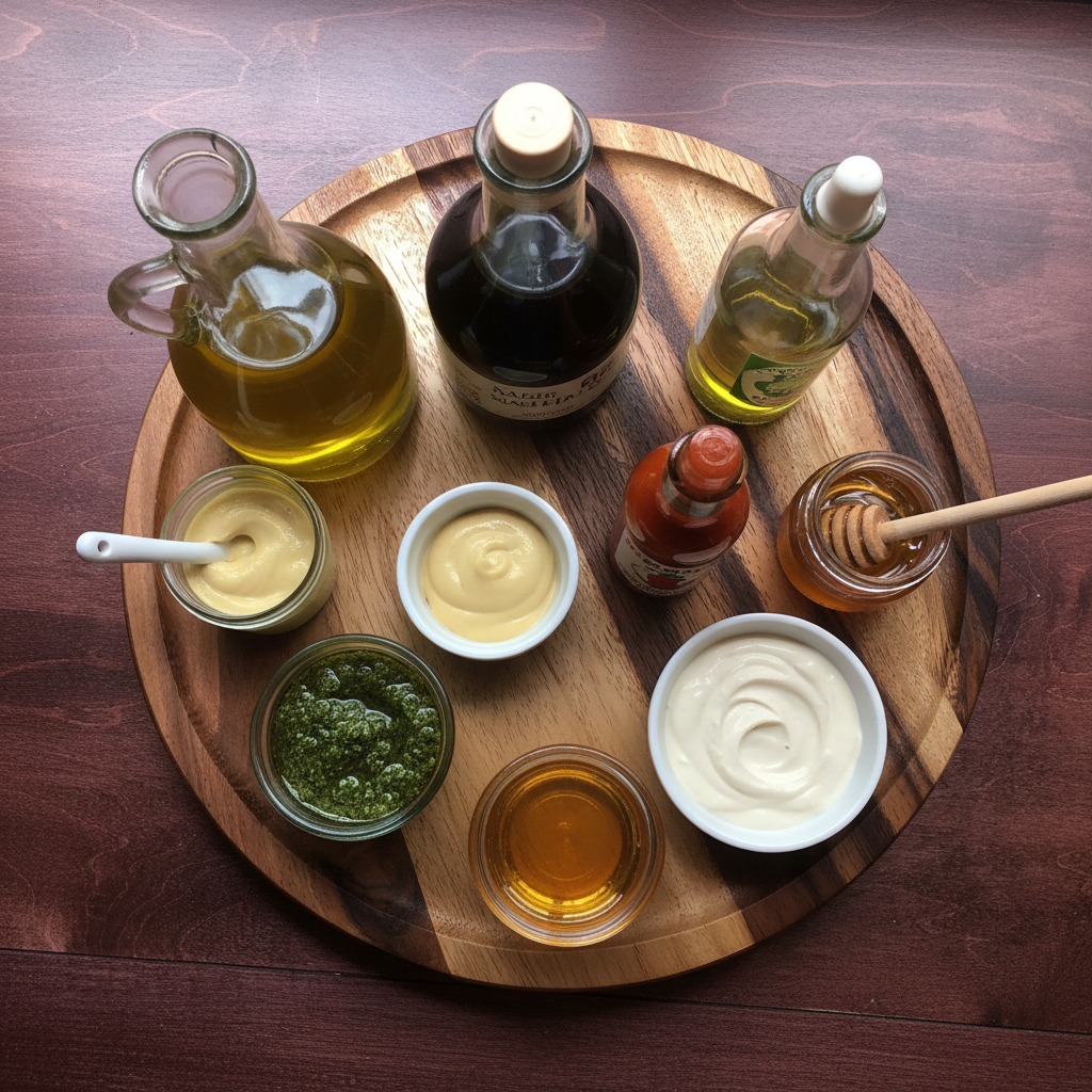 Assorted condiments including oils, vinegars, and dressings on a wooden tray.