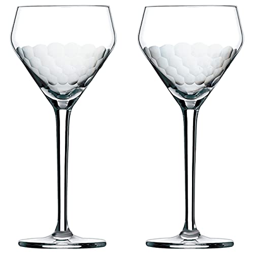 Two clear wine glasses with textured bases on a white background