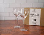 Two coupe glasses on a wooden surface with a branded box in the background.