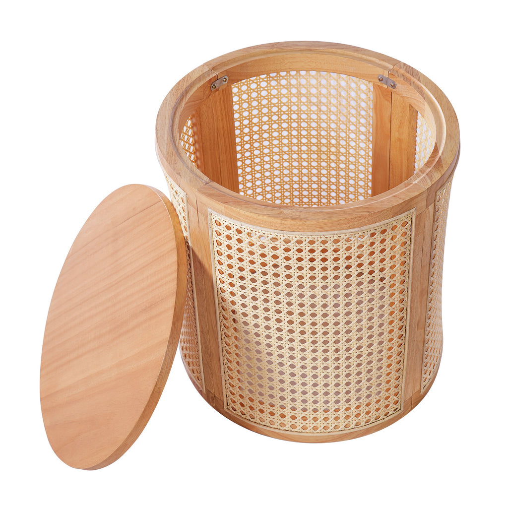 Wooden side table with wicker interior on a white background