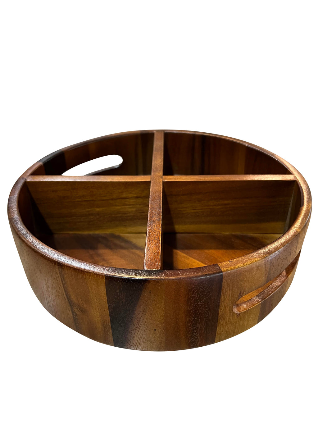 Wooden serving tray with compartments on a white background