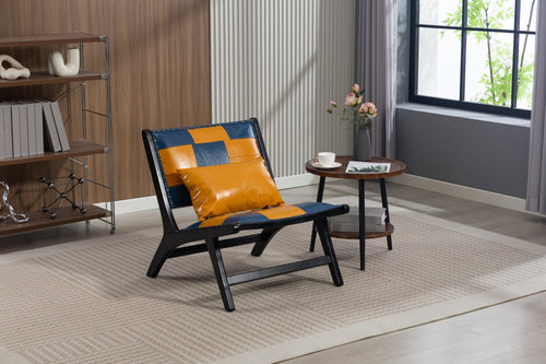 Modern chair with orange and blue cushions in a room with a window and bookshelf.