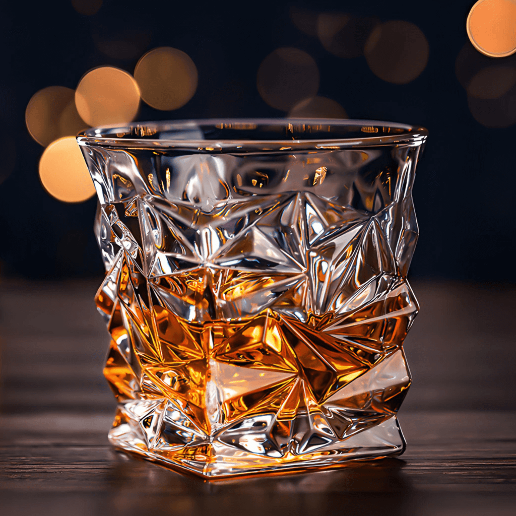Crystal glass filled with whiskey on a dark background with blurred lights
