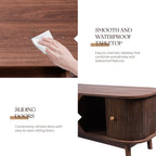 Wooden cabinet with smooth and waterproof tabletop and sliding doors, shown with a hand wiping the surface.