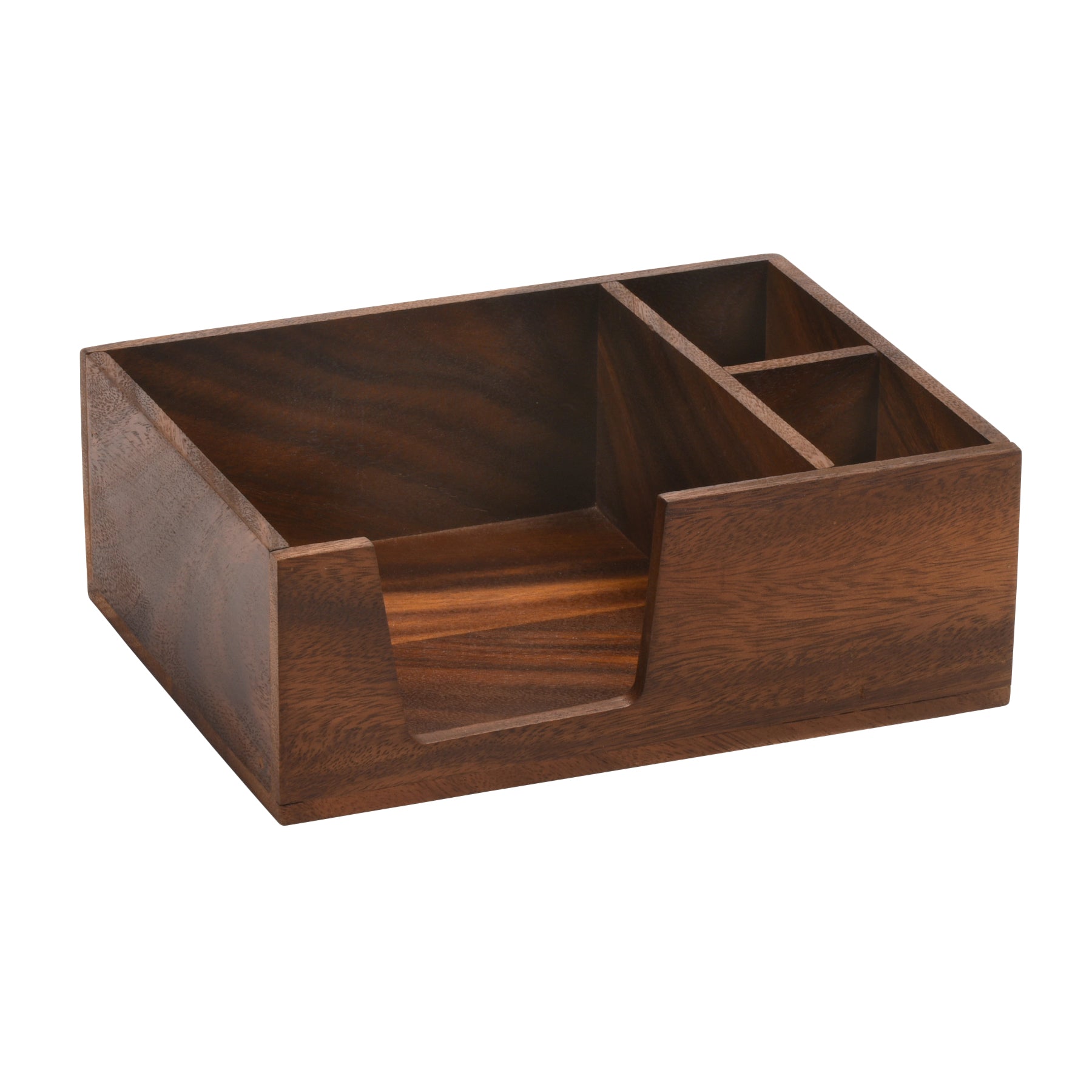 Wooden desk organizer with multiple compartments on a white background