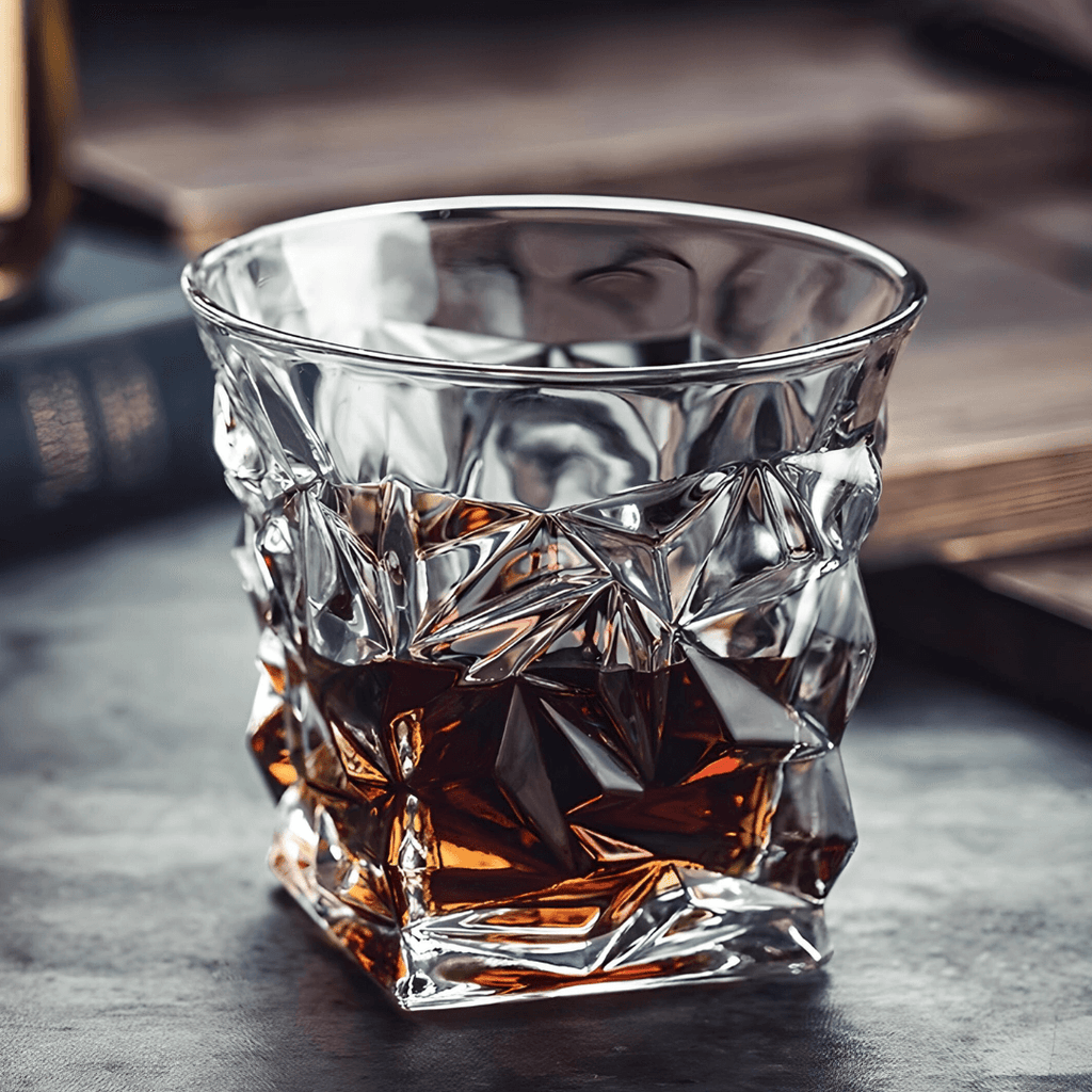 Clear glass tumbler with textured design filled with a dark liquid on a wooden surface.